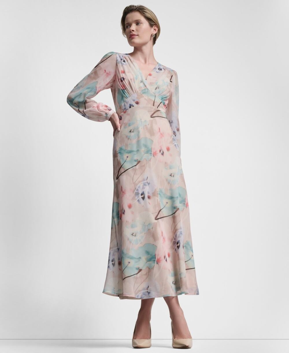 Dkny Women's V-Neck Fit and Flare Long Dress - Moonlight Multi size 16
